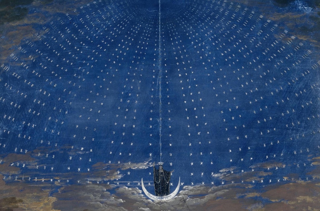 «Die Koenigin der Nacht». Entwurf zur 2. Dekoration der Zauberflöte. Gouache, 1815, von Karl Friedrich Schinkel. SMB, Kupferstichkabinett