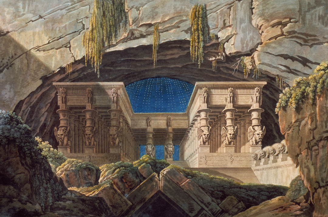 Bühnenbild der Zauberflöten-Aufführung im Berliner Opernhaus am 18.1.1816. Farbige Aquatinta von C. F. Thiele nach Karl Friedrich Schinkel.